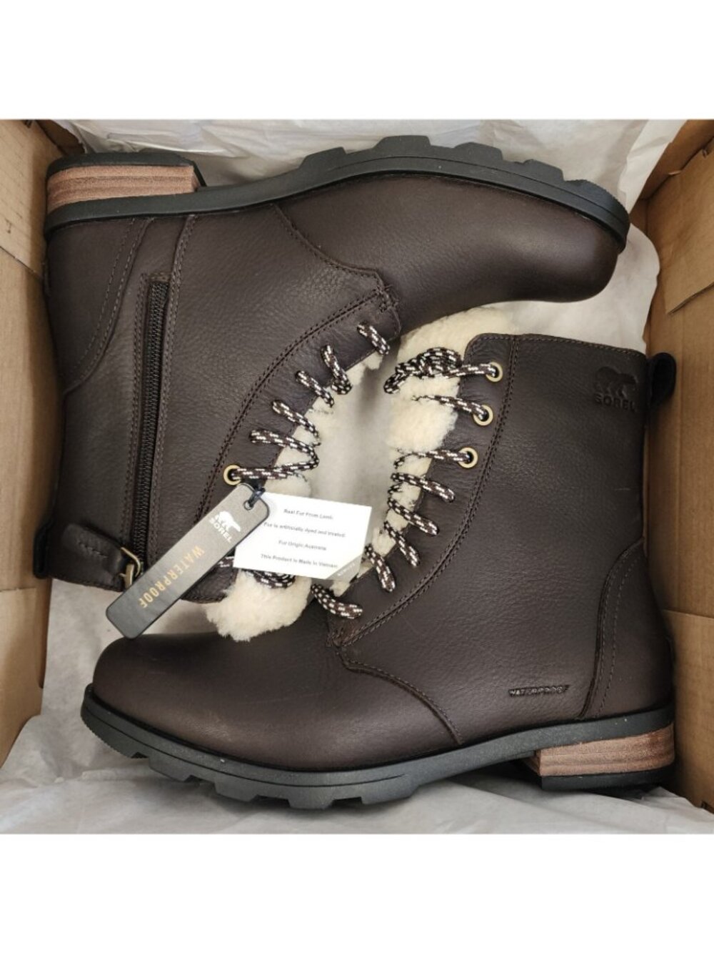 Sorel Womens Emelie Short Lace Cozy Waterproof Leather Boot Blackened Brown US 8 - Picture 2 of 4